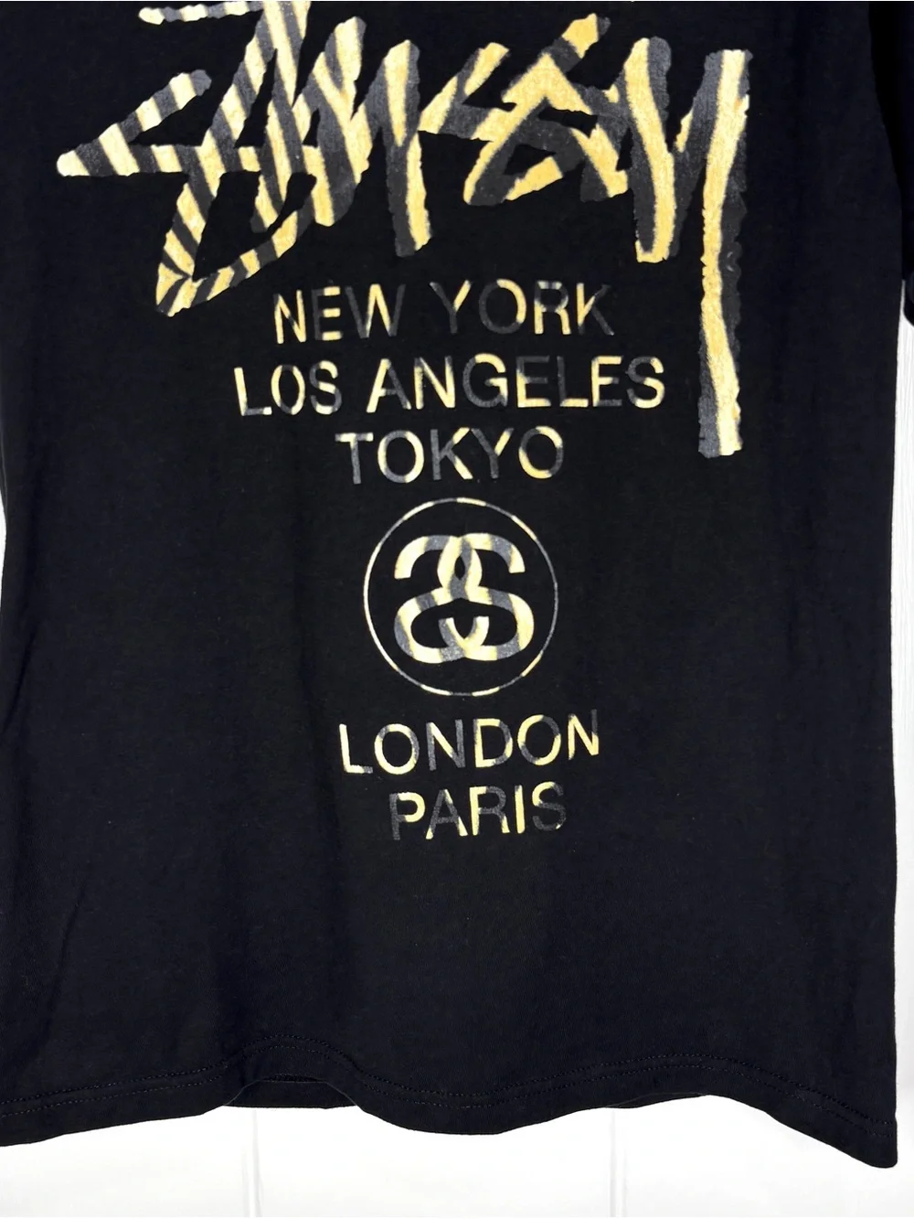 Stussy Men’s Black World Wide Wildlife Crew T-Shirt Size Small Black Yellow - Picture 4 of 8